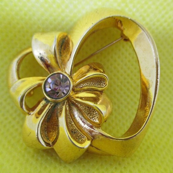 Avon Pink Rhinestone Heart Bow Brooch - Picture 1 of 5